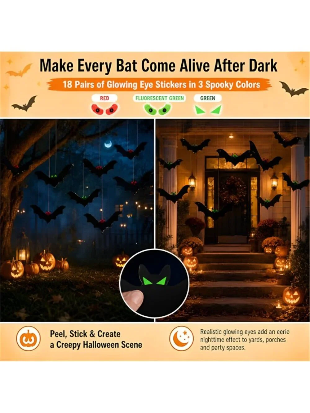 Hanging Bats Halloween Decorations, 3 Sizes Plastic Flying Bat Cutouts with